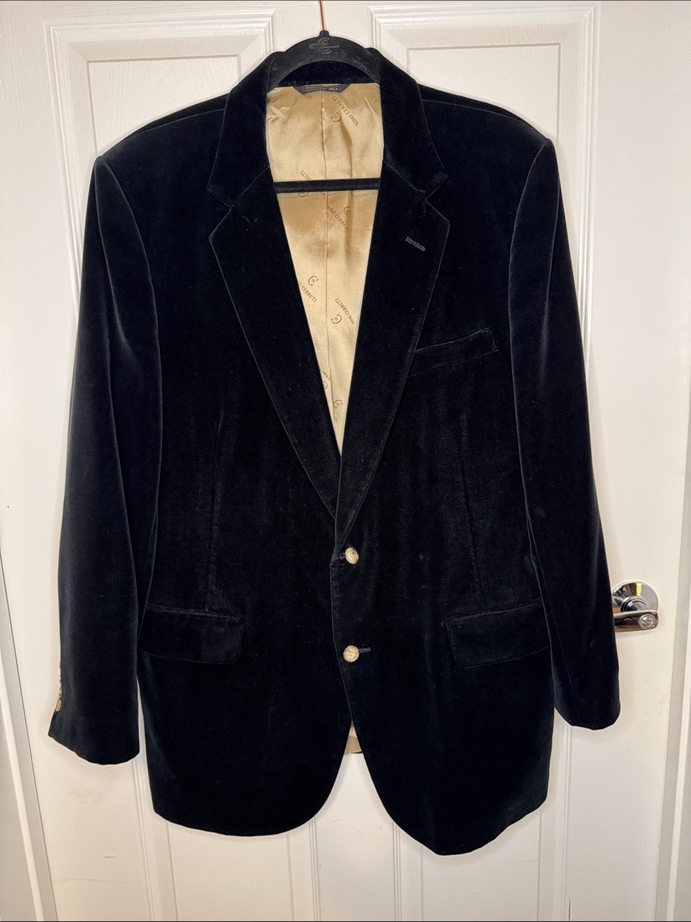 Men's Black Velvet Blazer with Gold-Lined Interior